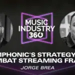 Podcast cover featuring two men's photos with the title "Music Industry 360" explores "Symphonic's Strategy to Combat Streaming Fraud," hosted by Jorge Brea.