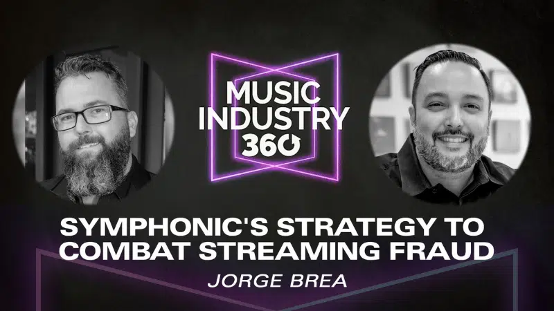 Podcast cover featuring two men's photos with the title "Music Industry 360" explores "Symphonic's Strategy to Combat Streaming Fraud," hosted by Jorge Brea.