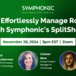 Promotional image for a tech-focused Symphonic masterclass on managing royalties with SplitShare, featuring Ali Lieberman, Colleen Shea, and Sean Davis. Join us on Zoom on November 20, 2024, at 3pm EST.