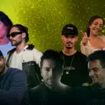 A group of eight people stands against a bright, speckled green background, each striking a unique pose, reminiscent of eclectic DJs ready to spin their diverse styles.