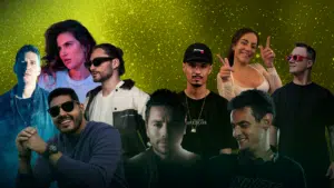 A group of eight people stands against a bright, speckled green background, each striking a unique pose, reminiscent of eclectic DJs ready to spin their diverse styles.
