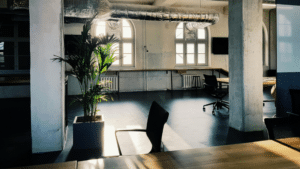 Empty modern office space with large windows, exposed pipes, a potted plant, desks, and chairs with sunlight streaming in—reflecting the calm often seen during a music industry slowdown.