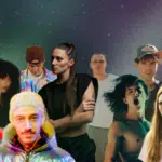 A collage of diverse individuals in stylish, electronic-inspired outfits against a starry background, each displaying unique expressions and poses.