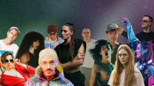 A collage of diverse individuals in stylish, electronic-inspired outfits against a starry background, each displaying unique expressions and poses.