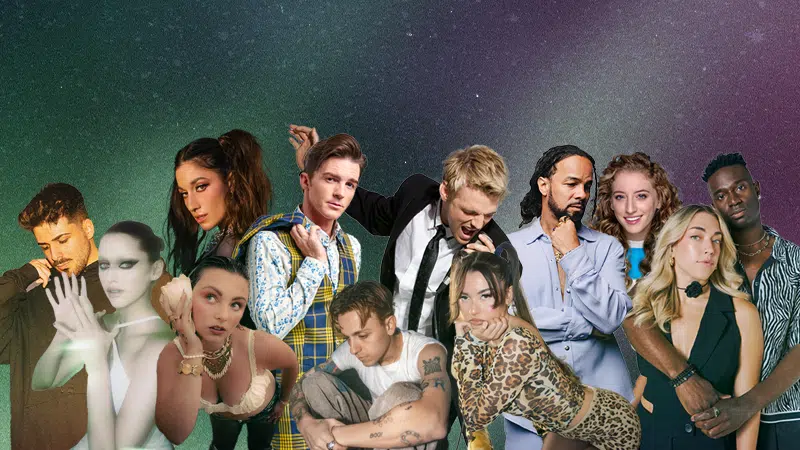 A group of ten people, each posing uniquely against a starry background. Some are flaunting flashy pop-inspired outfits, while others opt for more subdued attire, creating a vibrant contrast.