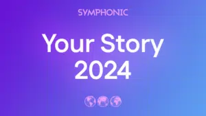 A vibrant purple and blue gradient background showcases the text "Symphonic Your Story 2024," elegantly wrapped with three globe icons at the bottom.