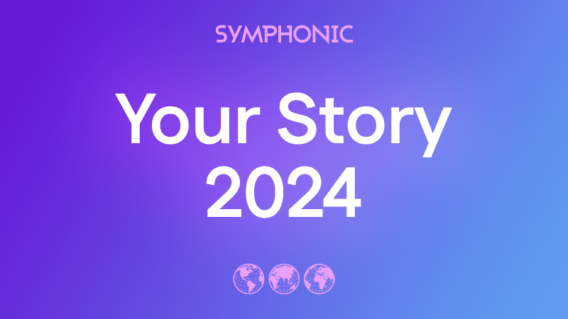 A vibrant purple and blue gradient background showcases the text "Symphonic Your Story 2024," elegantly wrapped with three globe icons at the bottom.