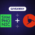 Graphic showcasing the vibrant word "GIVEAWAY" above two logos: one with lush green text "SYMPHONIC" and the other featuring a dynamic red circle with a clock-hand symbol, linked by a plus sign. Join the giveaway now!.