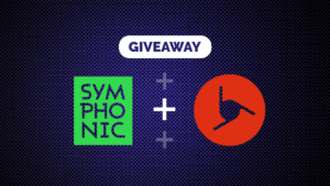 Graphic showcasing the vibrant word "GIVEAWAY" above two logos: one with lush green text "SYMPHONIC" and the other featuring a dynamic red circle with a clock-hand symbol, linked by a plus sign. Join the giveaway now!.