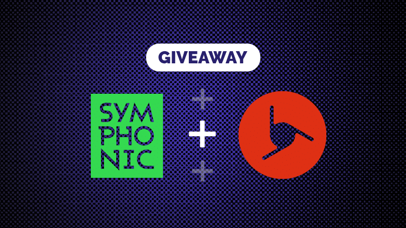 Graphic showcasing the vibrant word "GIVEAWAY" above two logos: one with lush green text "SYMPHONIC" and the other featuring a dynamic red circle with a clock-hand symbol, linked by a plus sign. Join the giveaway now!.