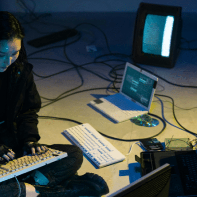 In a dim-lit room, a person in a dark jacket sits on the floor, engrossed in typing on a keyboard. They are surrounded by old monitors and tangled cables, with screens displaying blue and green hues—an intriguing scene of artificial streaming at its finest.