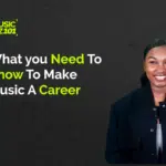 A smiling person in a black jacket stands beside text reading "What You Need To Know To Make Music A Career," featuring the 'Music Biz 101' logo. Dive into the music biz and turn your passion into a sustainable career.