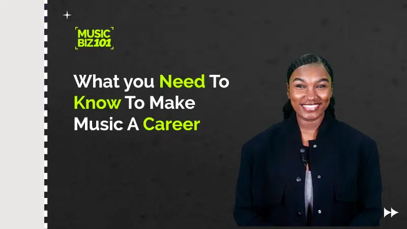 A smiling person in a black jacket stands beside text reading "What You Need To Know To Make Music A Career," featuring the 'Music Biz 101' logo. Dive into the music biz and turn your passion into a sustainable career.