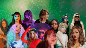 A group of thirteen female artists stands together against a green starry background, each with unique hairstyles and expressions, showcasing a diverse range of fashion styles.