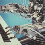 Robotic hands playing a keyboard against a blue background.