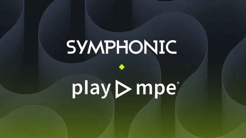 Logo with "Symphonic" and "Play MPE," featuring a plus sign between them on a dark abstract background.