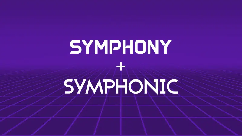 Text on a purple grid background reads "SYMPHYONY + SYMPHONIC," subtly echoing the innovative essence of symphonyOS.