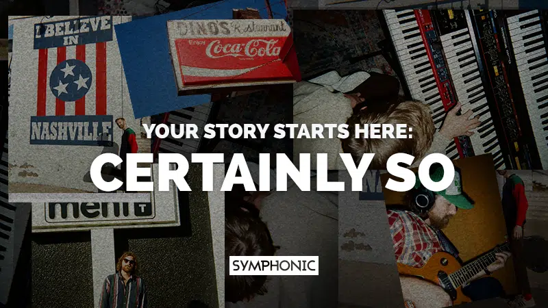 A collage with "Your Story Starts Here: Certainly So" text, featuring images of a person playing guitar, another using a keyboard, and various vintage signs and memorabilia.