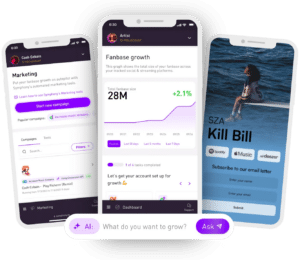 Three smartphone screens display apps for marketing campaigns, fanbase growth analytics, and a webpage for SZA's "Kill Bill" with options to subscribe and listen.