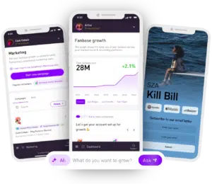 Three smartphone screens display apps for marketing campaigns, fanbase growth analytics, and a webpage for SZA's "Kill Bill" with options to subscribe and listen.