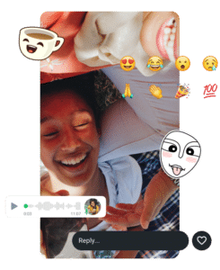 Two people lying on the grass, smiling and laughing, surrounded by emoji stickers. An audio message bar reminiscent of WhatsApp is visible below, capturing their joyous moment.