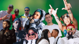 A group of Brazilian musicians and performers pose against a green background, each displaying unique styles and expressions.