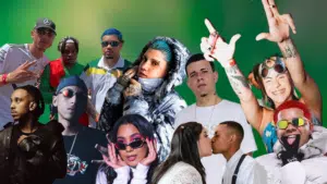 A group of Brazilian musicians and performers pose against a green background, each displaying unique styles and expressions.