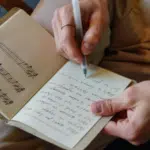 A person writes lyrics in a notebook with a pen; the notebook page on the left shows handwritten music notes on a staff.