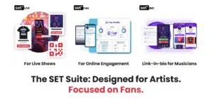 Gráfico que muestra las herramientas de Set Suite para artistas: SET Live para los espectáculos en directo, SET Fan para la participación en línea y SET Bio para las páginas de enlaces a biografías de los músicos. El texto destaca el diseño de Set centrado en los fans.