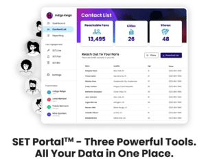 A dashboard interface displays a contact list with stats for reachable fans, cities, and shows, plus a set of team members and a navigation menu on the left.