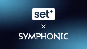 White "set°" logo above a white "x" and the word "SYMPHONIC" in bold white letters on a blue gradient background.