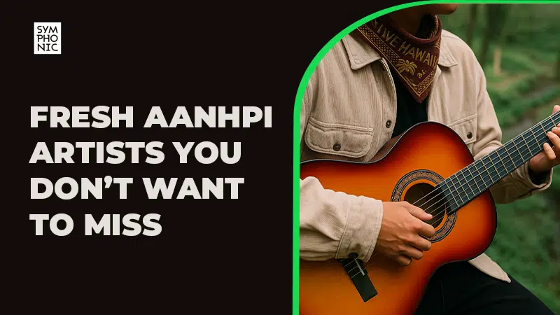 A person wearing a tan jacket and patterned bandana plays an acoustic guitar beside text celebrating AANHPI artists.