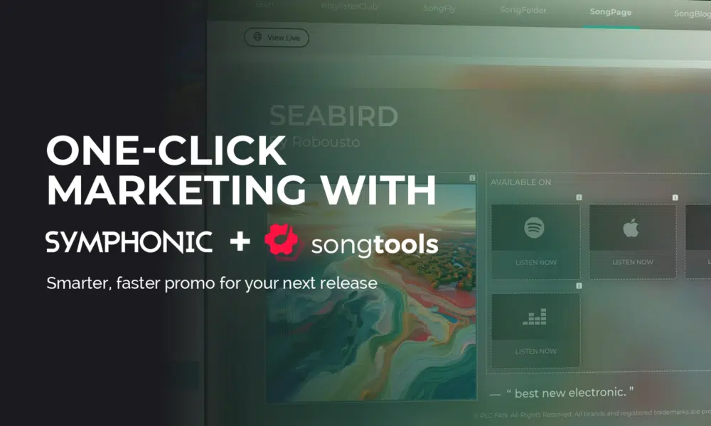 A promotional graphic for one-click marketing using Symphonic and Songtools, featuring logos and a blurred music platform interface in the background.