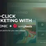 A promotional graphic for one-click marketing using Symphonic and Songtools, featuring logos and a blurred music platform interface in the background.