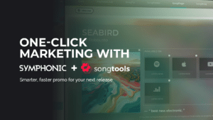 Symphonic Integrates with SongTools A promotional graphic for one-click marketing using Symphonic and Songtools, featuring logos and a blurred music platform interface in the background.