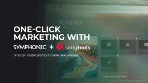 A promotional graphic for one-click marketing using Symphonic and Songtools, featuring logos and a blurred music platform interface in the background.