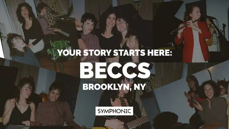 A collage of people playing instruments and sharing their story surrounds the text: "Your story starts here: BECCS, Brooklyn, NY. Symphonic.