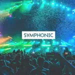 A large crowd at a concert with colorful stage lights and confetti; "SYMPHONIC" is written in bold text at the center.