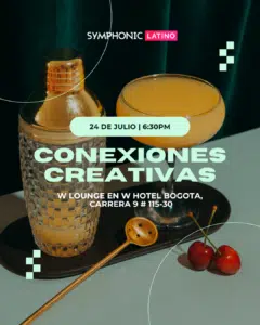 A cocktail shaker, a glass of orange drink, and two cherries sit on a tray. Event details for "Conexiones Creativas" are overlaid on the image.