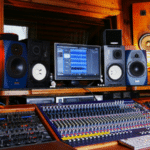 A professional recording studio setup featuring multiple monitors, audio mixing consoles, speakers, and various audio equipment in a wood-paneled room—ideal for artists and label sessions.