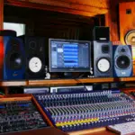 A professional recording studio setup featuring multiple monitors, audio mixing consoles, speakers, and various audio equipment in a wood-paneled room—ideal for artists and label sessions.