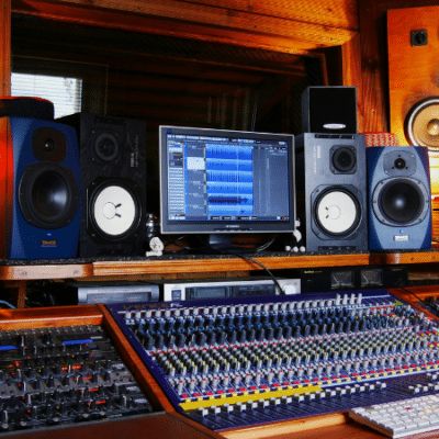 A professional recording studio setup featuring multiple monitors, audio mixing consoles, speakers, and various audio equipment in a wood-paneled room—ideal for artists and label sessions.