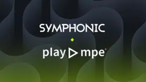 The Symphonic and Play MPE logos are displayed on a dark abstract background, accented by a gradient green hue at the bottom.