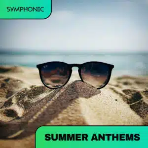 Black sunglasses resting on a sandy mound at the beach, with the ocean and sky in the background. Text reads "SYMPHONIC" and "SUMMER ANTHEMS.