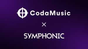 CodaMusic logo above the word "SYMPHONIC" with a white "x" symbolizing their partnership, set against a dark purple gradient background.