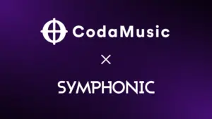 CodaMusic logo above the word "SYMPHONIC" with a white "x" symbolizing their partnership, set against a dark purple gradient background.