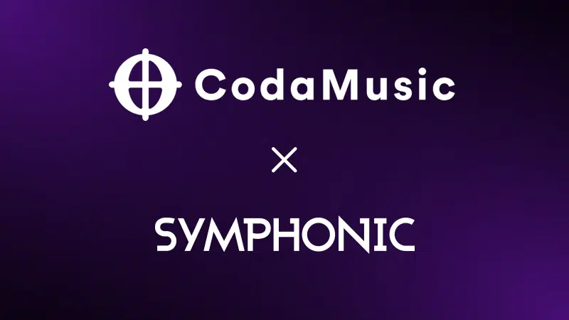 CodaMusic logo above the word "SYMPHONIC" with a white "x" symbolizing their partnership, set against a dark purple gradient background.