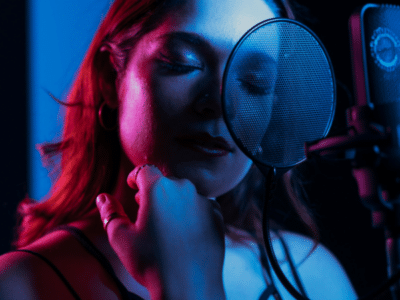 A woman stands in front of a microphone with a pop filter, singing or recording music in a dimly lit studio bathed in blue and pink lighting.