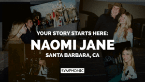 Collage with photos of Naomi Jane in various settings; text reads "Your Story Starts Here: Naomi Jane, Santa Barbara, CA. Symphonic.