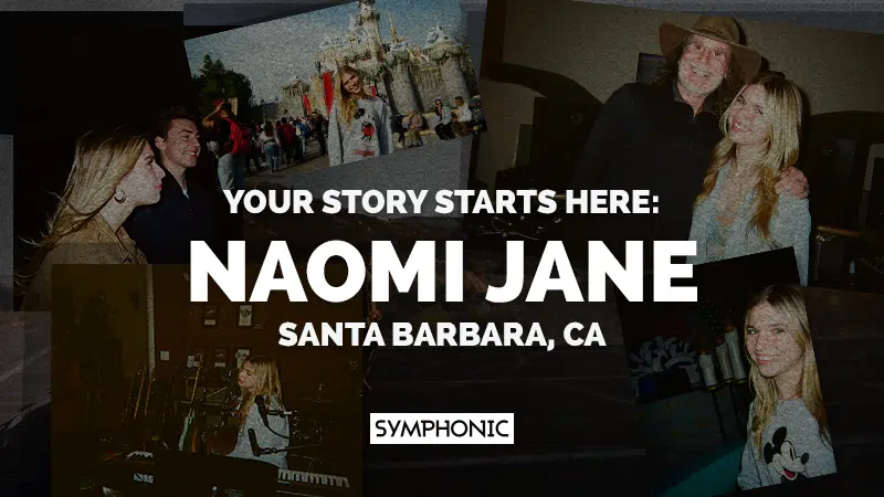 Collage with photos of Naomi Jane in various settings; text reads "Your Story Starts Here: Naomi Jane, Santa Barbara, CA. Symphonic.